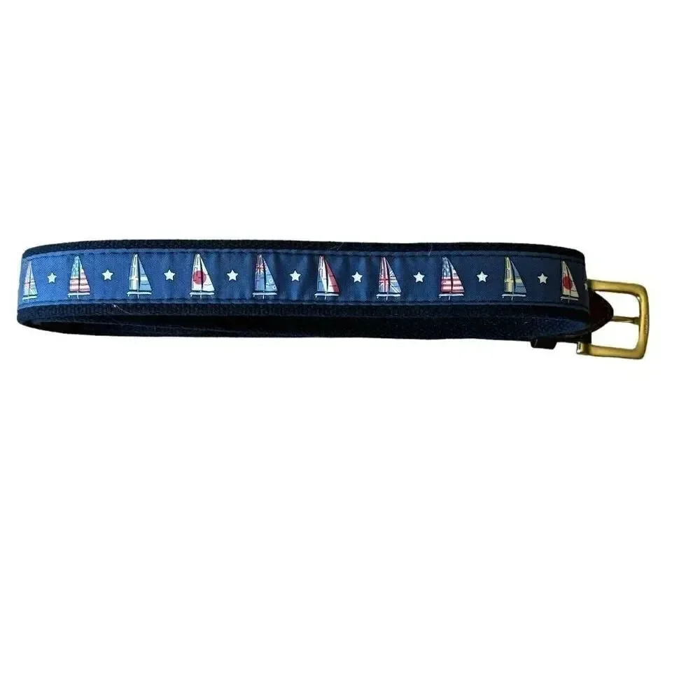 Vineyard Vines America’s Cup Navy Sailboats Canvas Club Belt Brown Leather SZ 44